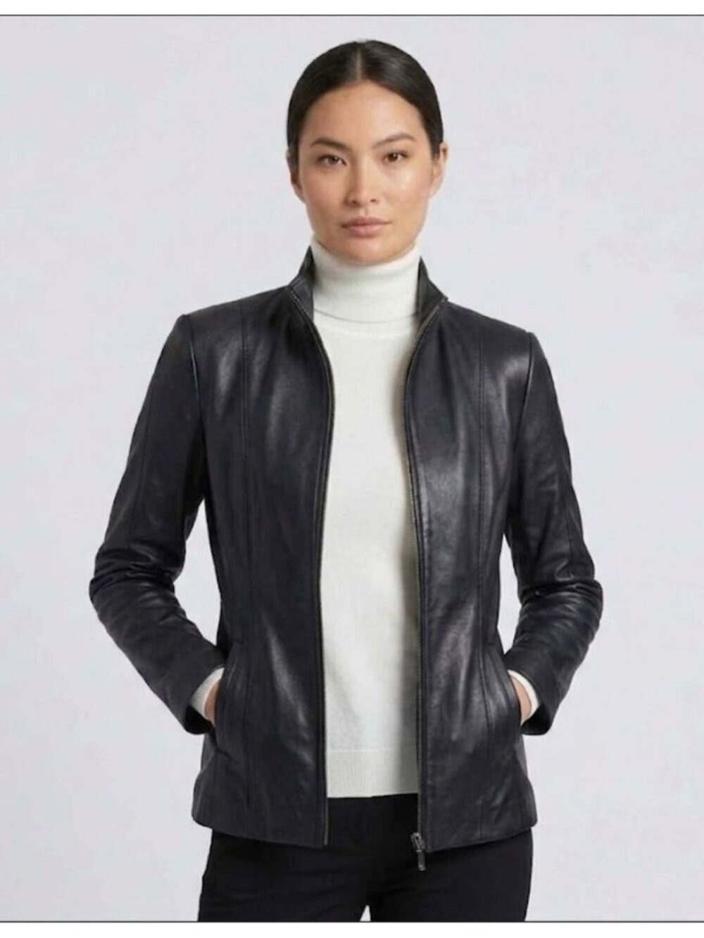 Van Heusen Black Genuine Leather Jacket Women's Size Large Fitted Zip Up Pockets - Picture 1 of 14